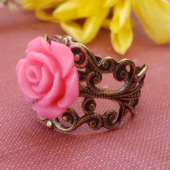 Vintaged Pink Rose Lace Ring - Picture 1 of 7
